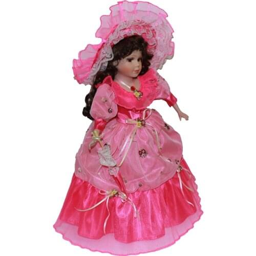 40cm Ceramic Lady Doll Vintage People Figure Rose Red Dress Collectibles