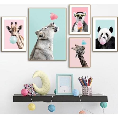 Baby Nursery Wall Art Cute Cartoon Animal Pictures Bubblegum Giraffe Panda Posters Zeabra Canvas Painting For Kid Bedroom Decor