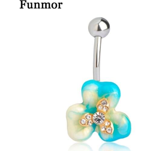 Funmor Enamel Blue Flower Belly Button Ring Stainless Steel Helix Piercing Navel Piercing Women Girl Bikini Beach Accessories