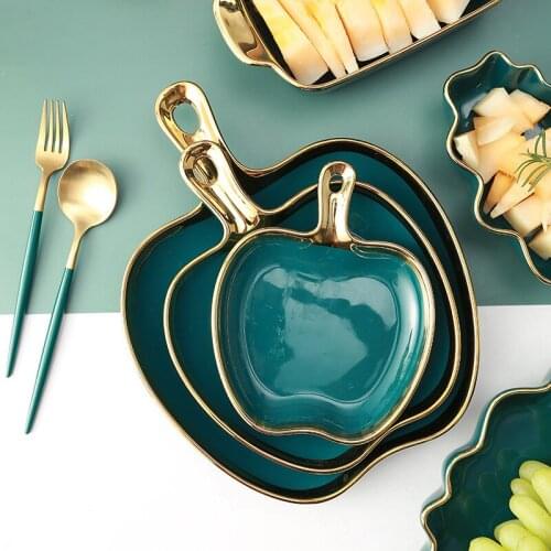 European Dark Green and Gold Fruit Plate Living Room Dining Table Kitchen Decoration Art Dessert Cake Pan Luxury Home Decoration