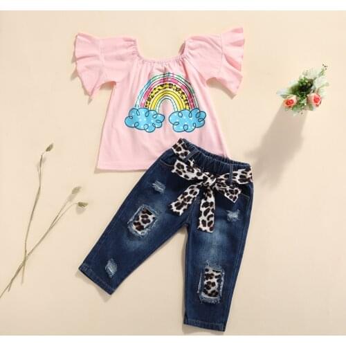 FOCUSNORM 1-6Y Summer Lovely Kids Girls Clothes Sets Rainbow Printed Ruffles Sleeve T Shirts Leopard Denim Pants