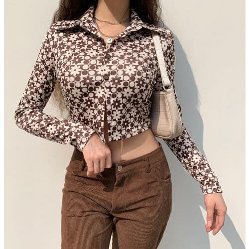 HOUZHOU Brown Shirts Women Vintage Harajuku Crop Beautiful Blouses Long Sleeve Casual Button Up Top Korean Fashion Spring 2021