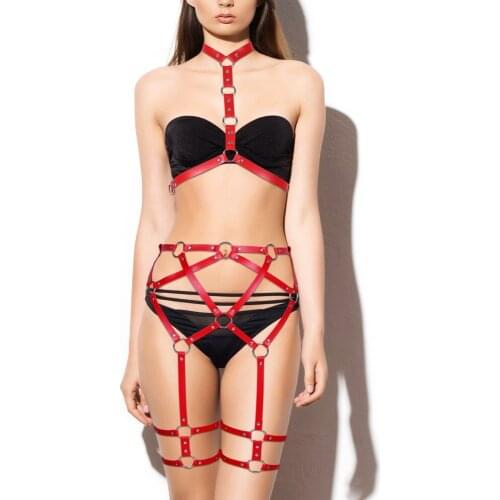 Fashion Leather Body Harness 2 Pc Set Sexy Chest Bondage Cage Bra Garter Belt Punk Gothic Bdsm Erotic Lingerie Halloween Rave