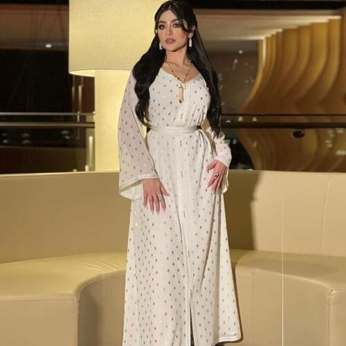 Fashion Muslim Women Dress Retro Two Pieces White Polka Dot Gold Stamp Long Sleeve Abaya Dubai Arabic Costumes Bohemian Style