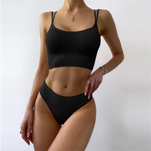 Mossha Sexy solid ribbed swimsuit womens swimming suit Bandeau push up bikini 2021 High cut swimwear Sport bathing suit Biquini
