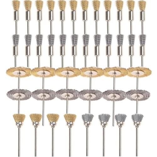 44 Pieces Mini Wire Brush Wheel Cup Brass Steel Wire Brush Set 1/8inch (3mm) Shank For Power Dremel Rotary Tools Polishing Buff