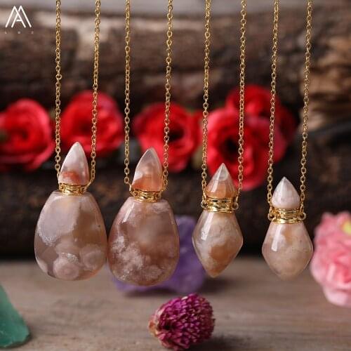 Delicate Women Perfume Bottle Pendant Jewelry,Natural Cherry Agates Stone Perfume Bottles Pendant Gold Chains Necklace Jewelry