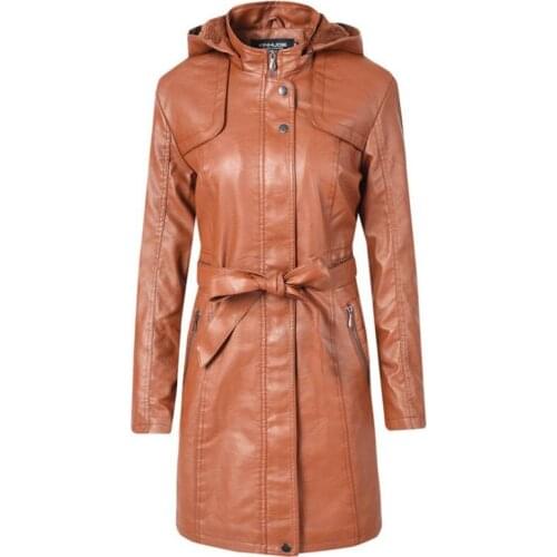 2021 new autumn winter womens Hooded coat Female PU leather womens medium long ladies plus velvet thick leather jackets