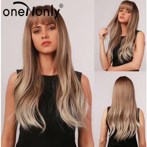 OneNonly Long Ombre Brown Blonde Gray Natural Wave Synthetic Wigs with Bangs for Women Cosplay Daily Hair Wig Heat Resistant