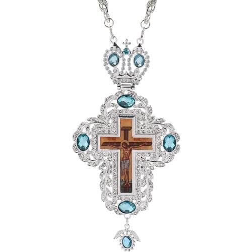 Jesus Crucifix Cross Pendant Necklace Silver Color Chain Blue Crystal Religious Pectoral Prayer Jesus Jewelry Byzantine Church