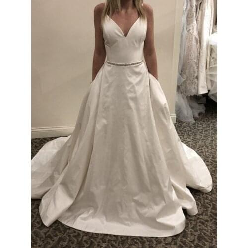 Satin Wedding Dress A Line with Train V Neck and Open Back Crystal Thin Belt White Wedding Gowns for Bridal 2021 Sleeveless