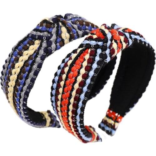 Korean Striped Knitted Headband Colorful Wool Hairband Women Hair Accessories Retro Center Knotted Hair Hoop