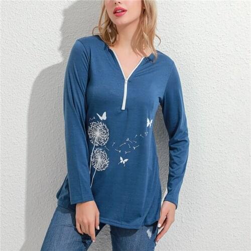 Casual Printed Shirt V Neck Zipper Pullover Tops Long Sleeve Shirts Women Top Vintage Plus Size Autumn Woman T-shirts