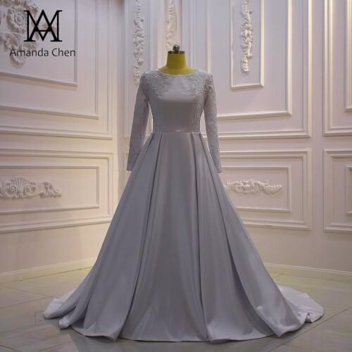 Simple A-line Lace Applique Satin Pure White Wedding Dress