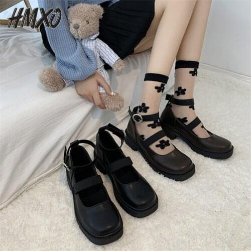 HMXO Vintage Japanese Leather Shoes JK French Mary Jane Shoes Hepburn Shoes British Square Toe Soft Leather Mid-heel Lolita Shoe