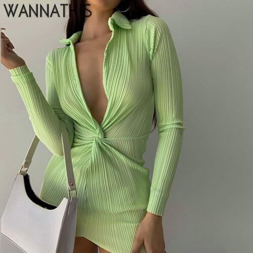 WannaThis Summer Long Sleeve Dress For Women CottonTurn-Down Neck Twist Green Mini Sexy Office wear Dresses For Girl Casual 2021
