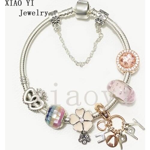 XIAOYI 2020 new 100% S925 Color crown love lucky leaf letter pink glass crystal zircon safety chain European bracelet female