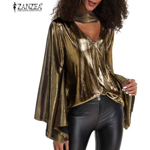 ZANZEA Fashion Women Metallic Blouse Elegant Halter Neck Cape Top Female Casual Party Club Shirt Shiny Blusas Gold Blouses Mujer