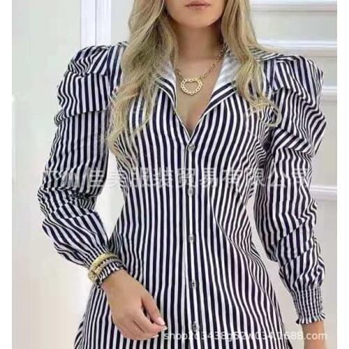 2021 European and American new style womens striped puff sleeve slim shirt dress shirts polo shirts