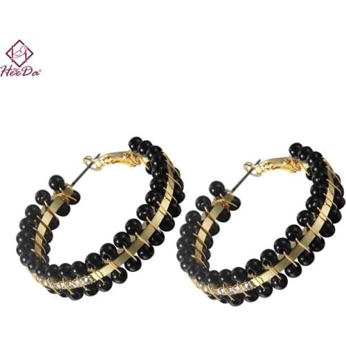 Heeda Kpop Fashion Seed Beads Circle Earrings Graceful Joker Black Hoop Earring for Women 2018 Simple Statement Accessories