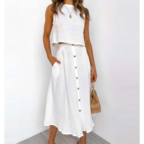 Summer Sleeveless 2 Pieces Women Skirt Sets O-neck Crop Top Single Breasted Midi Skirts Female Set 2021 Solid Elegant Lady Suit