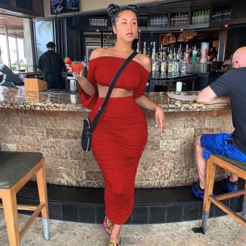 European and American Womens Solid Color Strapless Neckline Flared Sleeves Pleated Sexy Short Skirt Two-Piece Suit