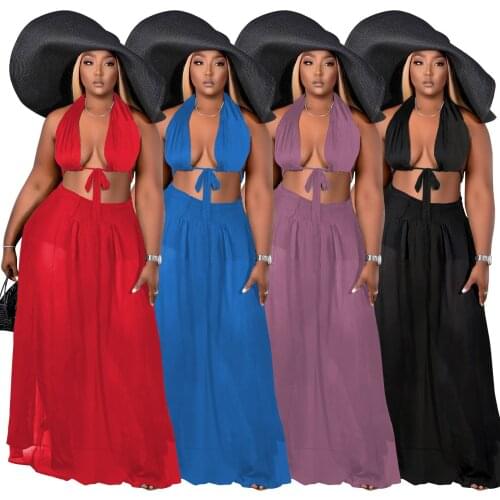 Summer Womens Chiffon Skirt + Halter Lace Up Tube Top Two Piece Set Solid Color Sleeveless Temperament Ladies Long Skirts Suit