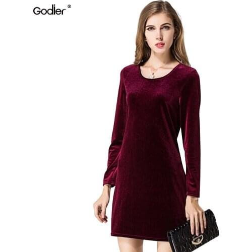 Godier 2020 Spring Autumn Women Velvet Dress Long Sleeve O neck Vintage Retro Dresses Elegant Party High Waist Slim Vestidos
