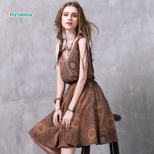 Womens Chiffon Dress Summer New Printed Swing Skirt Retro V-neck Vest Fashion Dress 8228