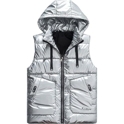New Glossy Vest Men Winter Sleeveless Jackets Silver Casual Solid Thick Warm Vests Hooded Coats Male Waistcoat Jackets 5XL