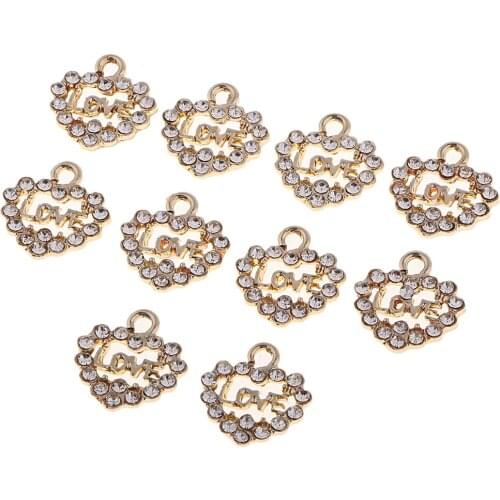 10pcs Love Heart Shape Diamond Pendants Charms with Inlaid Crystals