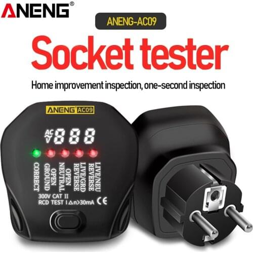 ANENG AC09 Digital Socket Tester Voltage Test Socket Detector US/UK/EU/AU Plug Live Ground Neutral Phase Meter RCD Test