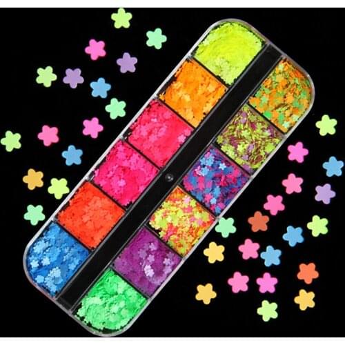 12 Grids Fluorescence Flower Glitter Sequins Colorful Flower Shape Nail Art Glitter Flakes DIY Slices Tips Nail Art Decorations