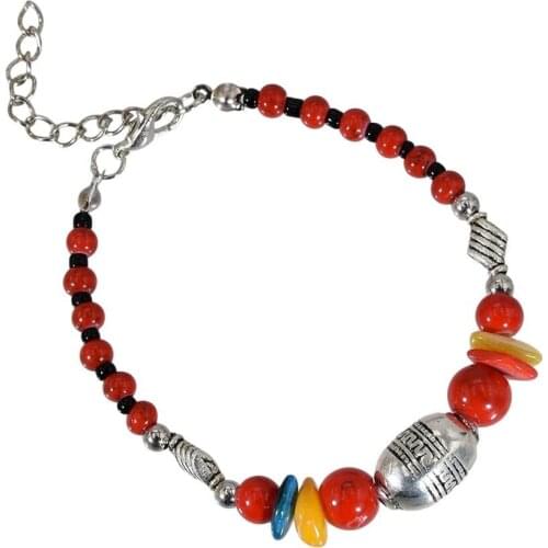 Bohemian Vintage Colorful Red Stone Bead Bracelets for Women Girl Ethnic Jewelry Statement Bracelet Charm Party Gift Adjustable