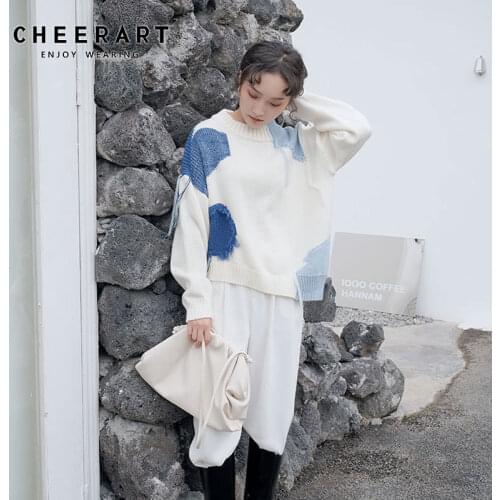 CHEERART Japanese Fashion Women Sweater Pullover White Loose Knitted Jumper Color Block Sweater Winter Fashion 2020