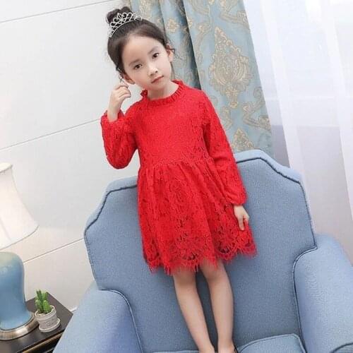 Childrens Wear 2019 Spring and Autumn Foreign Lantern Sleeve Girls Dress Pleated Stand Collar Eyelash Lace Dress k1