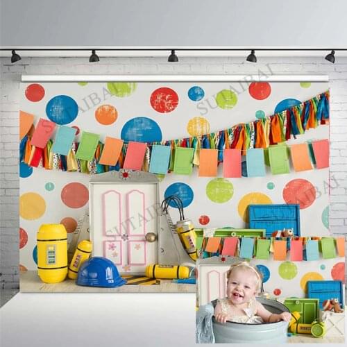 Children Birthday Backdrops for Photography Helmet Banner Baby Portrait Photo Backgrounds Dots Wall Photocall Studio Prop