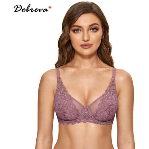 DOBREVA Womens Minimizer Lace See Through Mesh Bra Sexy Plus Size Underwire Bralette