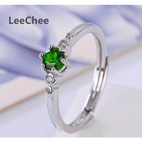 LeeChee 100% Natural Chrome Diopside ring for girl Light luxury pure green gemstone jewelry 4mm round real 925 sterling silver
