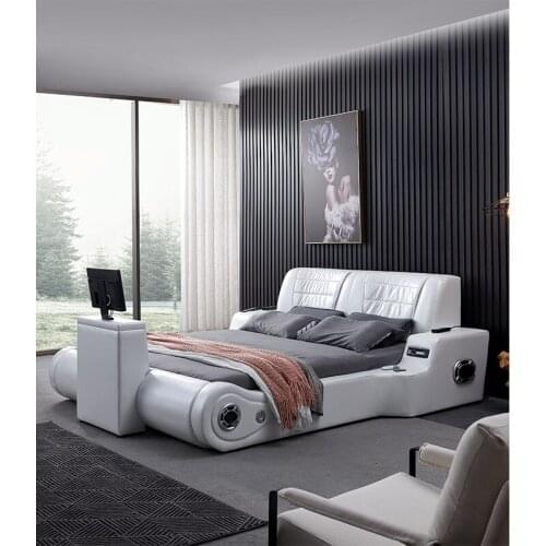 Real Genuine leather bed TV Soft Beds Bedroom camas lit muebles de dormitorio yatak mobilya quarto massage speaker bluetooth 361