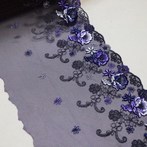1Meter 19CM Wide Luxury Blue Flowers Embroidered Lace Trim Purple Tulle Fabric For Lingerie Underwear Bra Dolls Dress Decor DIY