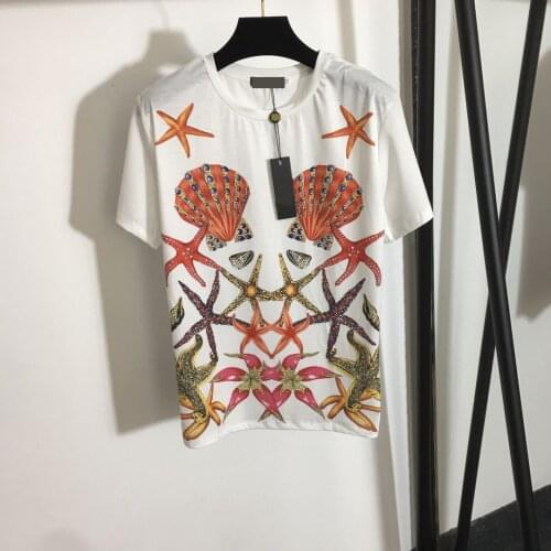 Tide Fashion White Cotton Short-Sleeve Oversize T-Shirt Casual Shell Starfish Print Top Short-Sleeved Tee Brand Vinatge Summer