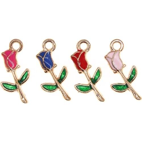 20PCS/Lot Fashion Jewelry Gold Color Tone Rose Flowers Shape Enamel Pendant Charms DIY Bracelet Floating Charms