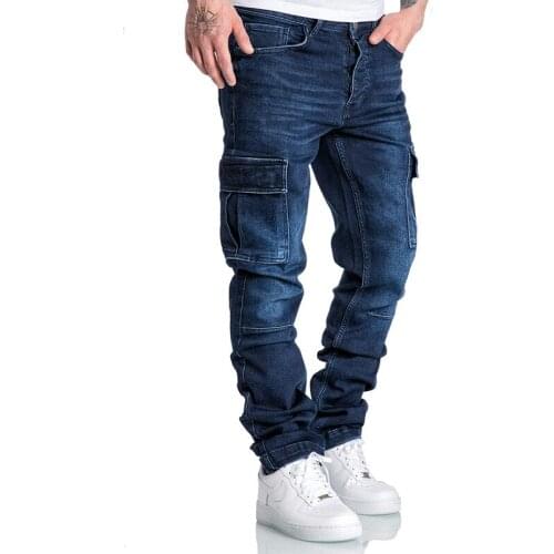 Mens Casual Pants 2021 Multi-Pocket Blue Pants Fashion Hip-Hop Slim Straight Outdoor Running Washed Overalls Jeans High Quality