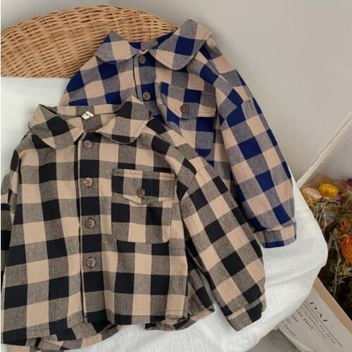 2021 new girls boys plaid shirt cotton linen autumn full sleeve kids top