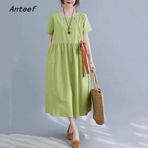 Short sleeve cotton linen vintage dresses for women casual loose long summer dress elegant clothes 2021 sundress