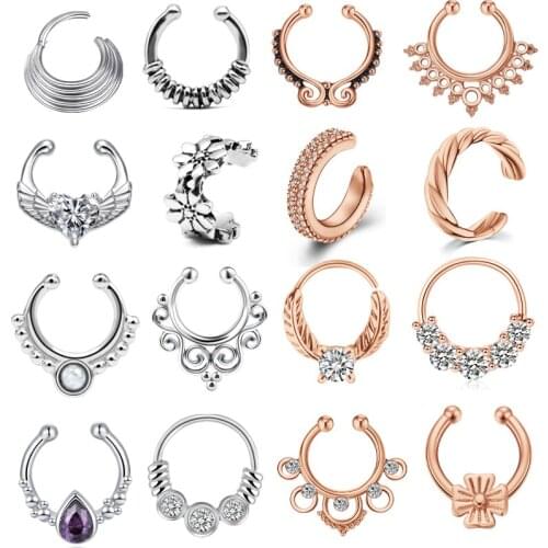 Fake Nose Clip On Ring CZ Paved Crystals Non-Piercing Nose Ring16G 18G Stainless Steel Ear Illusion Jewelry