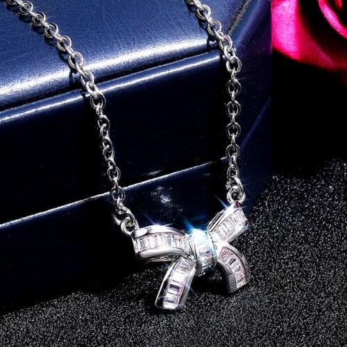 JUWANG Luxury Silver Color Clavicle Chain Chokers Necklaces For Women Cubic Zirconia Bowknot Pendant Necklace Fashion Jewelry