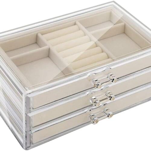 Jewelry Box,3 Drawers Velvet Jewelry Organizer for Ring Earring Necklace Bracelet Acrylic Jewelry Storage Case Gift for Girl