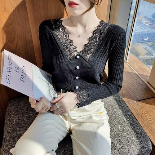 Sexy Lace Patchwork Knitted Sweater Women 2021 Autumn V Neck Soft Basic Knit Pullover Ladies Elegant Pearl Slim Fit Sweaters New